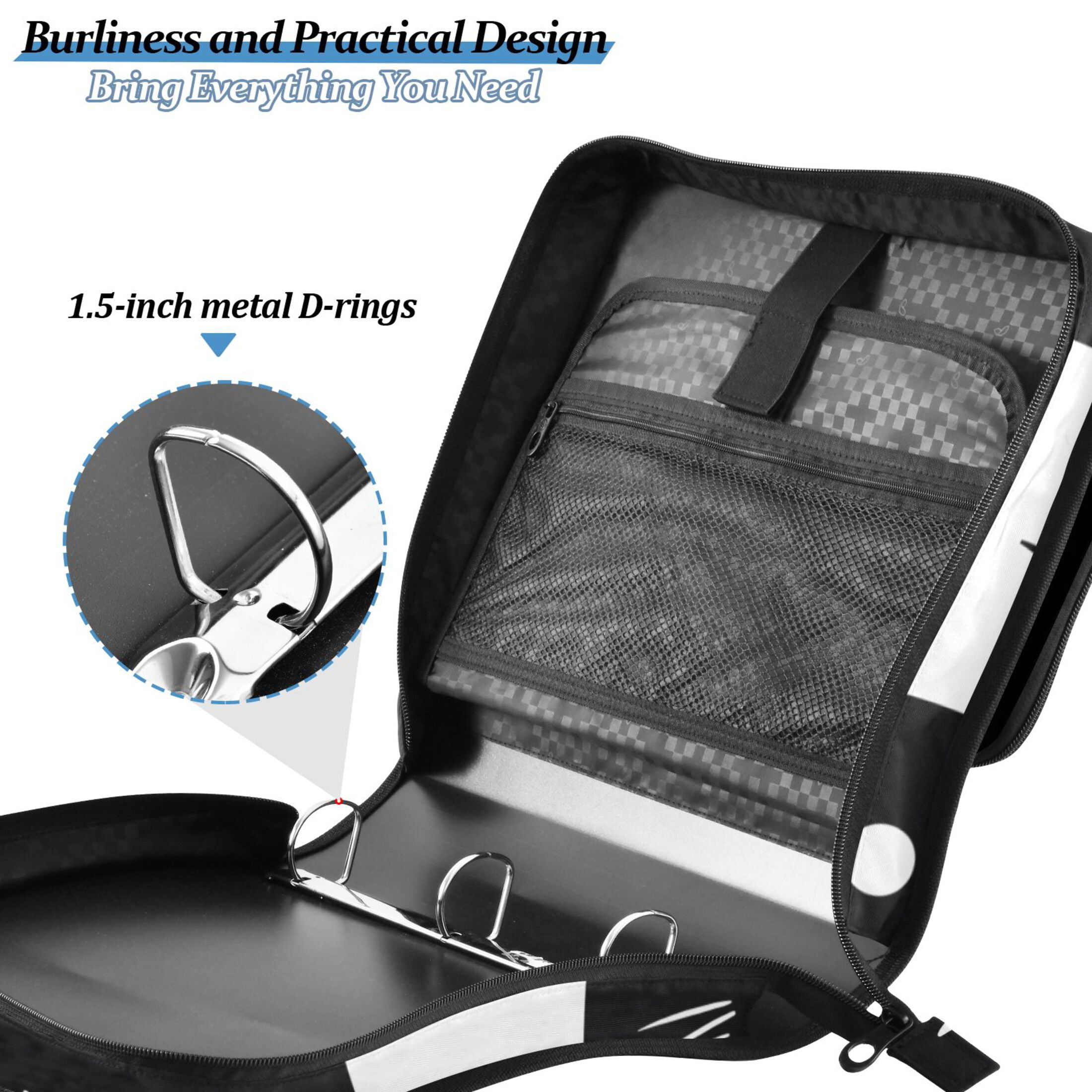 3 Ring Zipper Binder with Shoulder Strap Waterproof Trapper Keeper 2 Inch D-Ring 500 Sheets Capacity White Black Cat