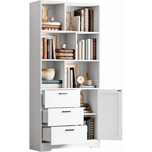 Bookshelf with Drawers, 70.9 inch Tall Bookcase with Doors, Bookshelves and Bookcases with Storage, Bookshelf with 6 Open Cubes for Home Office, Living Room, Study, White