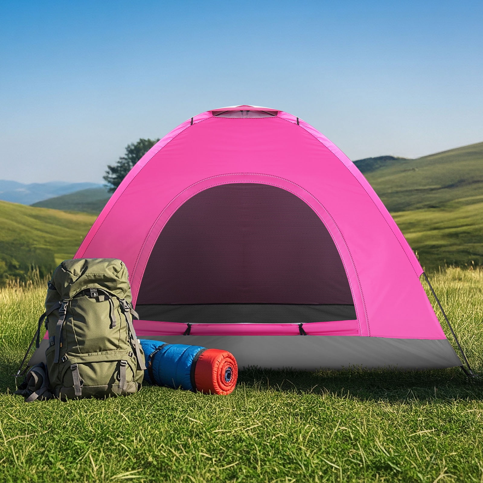 UBesGoo 3-4 Person Outdoor Camping Waterproof Tent Fast Family Dome, Shocking Pink