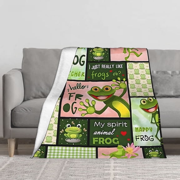 Cute Frog Patchwork Quilt Style Flannel Fleece Throw Blanket, Funny Frog Lover Quote Print Soft Cozy Lightweight Blanket for Sofa Couch Bed, Amphibian Fan All Season Decor Blanket