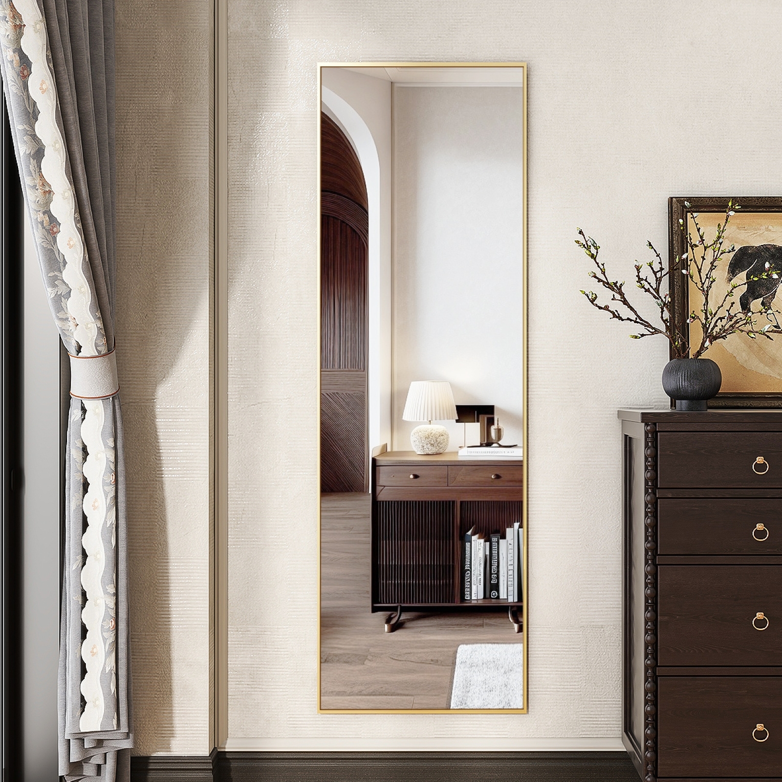 Anyrose 59.1"x16" Rectangle Full Length Mirror Metal Frame Floor Mirror with Stand, Gold