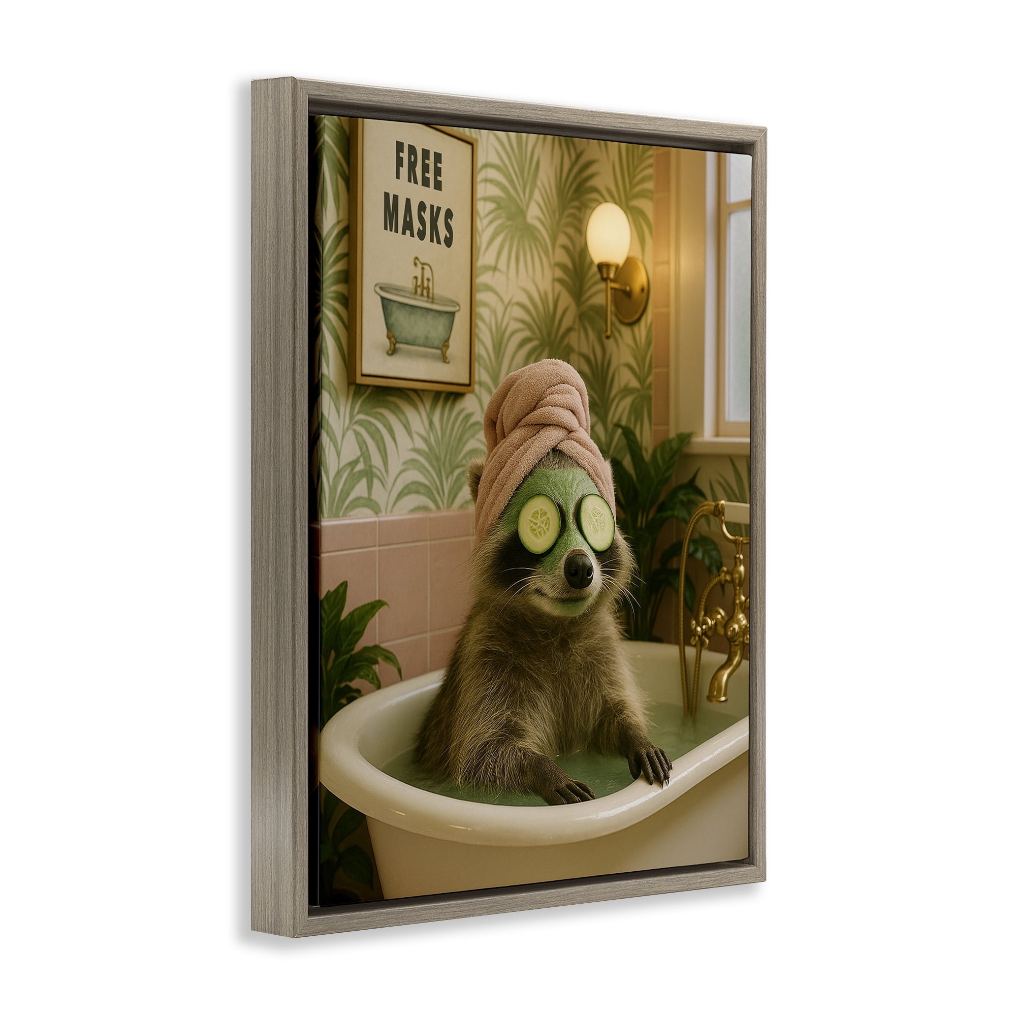 Stupell Industries Raccoon Spa Day Bath Brown Framed Floater Canvas Wall Art, design by Grotto Studios