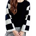 thumbnail image 2 of Womens Casual Checkered Color Block Sweaters Crew Neck Long Sleeve Cropped Knit Pullover Black XL, 2 of 9