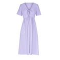 thumbnail image 4 of Vestido largo liso con cuello en V y volantes de encaje para mujer - Poliéster elástico, elegante/casual, lavable a máquina, para la noche/cócteles, 4 of 7