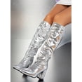 thumbnail image 2 of Women's Fashion Thick Heel Pointed Toe Metal Shiny Thigh High Boots, All-Match Western Rider Motorcycle Boot For Winter, Silver High Heels,Y2k Shoe-SIZE 40, 2 of 5