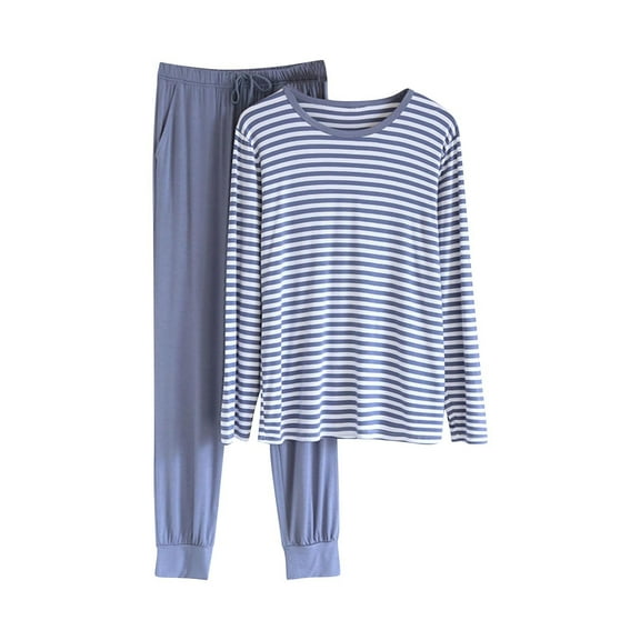 FAHXNVB Mens Pajamas Set Modal Long Sleeve Crew Neck Sleepwear Pjs 2 Piece Striped Loungewear Nightshirt Top and Pants with Pockets