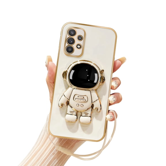Annyojo for Samsung A32 5G Phone Case with 6D Astronaut Hidden Stand Holder Case Cover for Galaxy A32 5G Case with Lanyard Strap Silicone Shockproof Cover Bumper - White