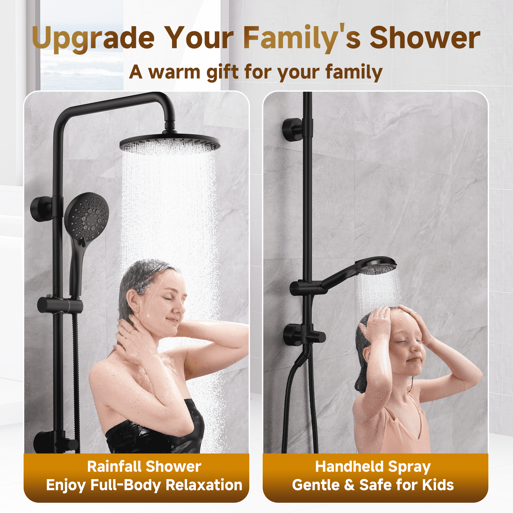 Bright Showers Rain Shower Heads System, Rainfall & Handheld Shower Combo with Height Adjustable Holder, Solid Brass Rail, 60" Long Hose, Chrome