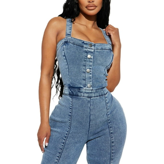 SBYOJLPB Women's Loose Denim Overalls Baggy Adjustable Strap Distressed Wide Leg flare Jeans Jumpsuits Blue 10(XL)