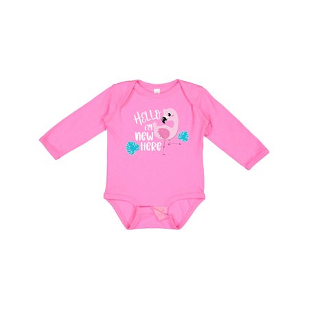 

Inktastic Baby Hello I m New Here with Cute Baby Flamingo Gift Baby Boy or Baby Girl Long Sleeve Bodysuit