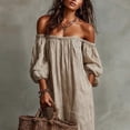 thumbnail image 3 of Women's Striped Off-Shoulder Maxi Dress – Puff Sleeves, Side Pocket, Elastic Neckline, Bohemian Summer Outfit Beige，XS, 3 of 5