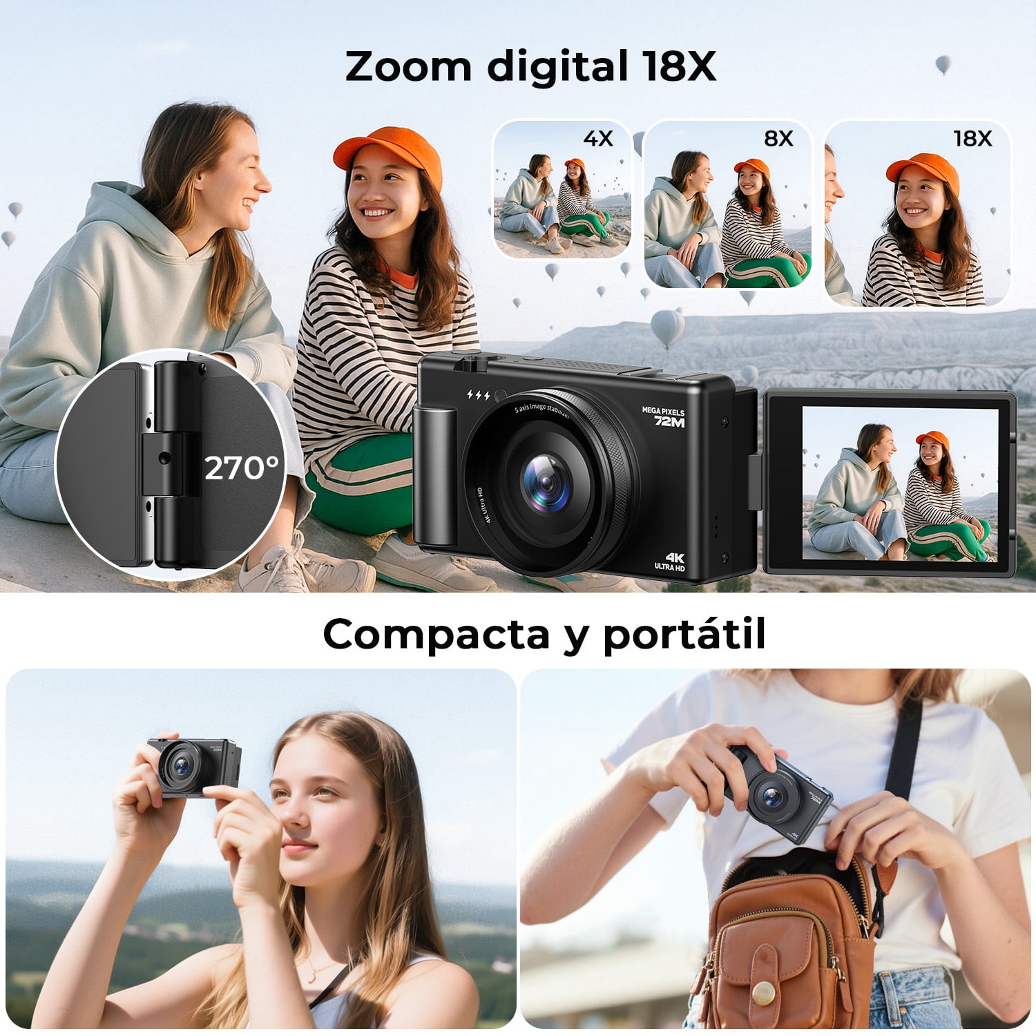 Campark Digital Camera 4K 72MP Vlogging Camera for YouTube with 64GB Card 3'' 270° Flip Screen 18x Zoom Video Cameras for Beginners