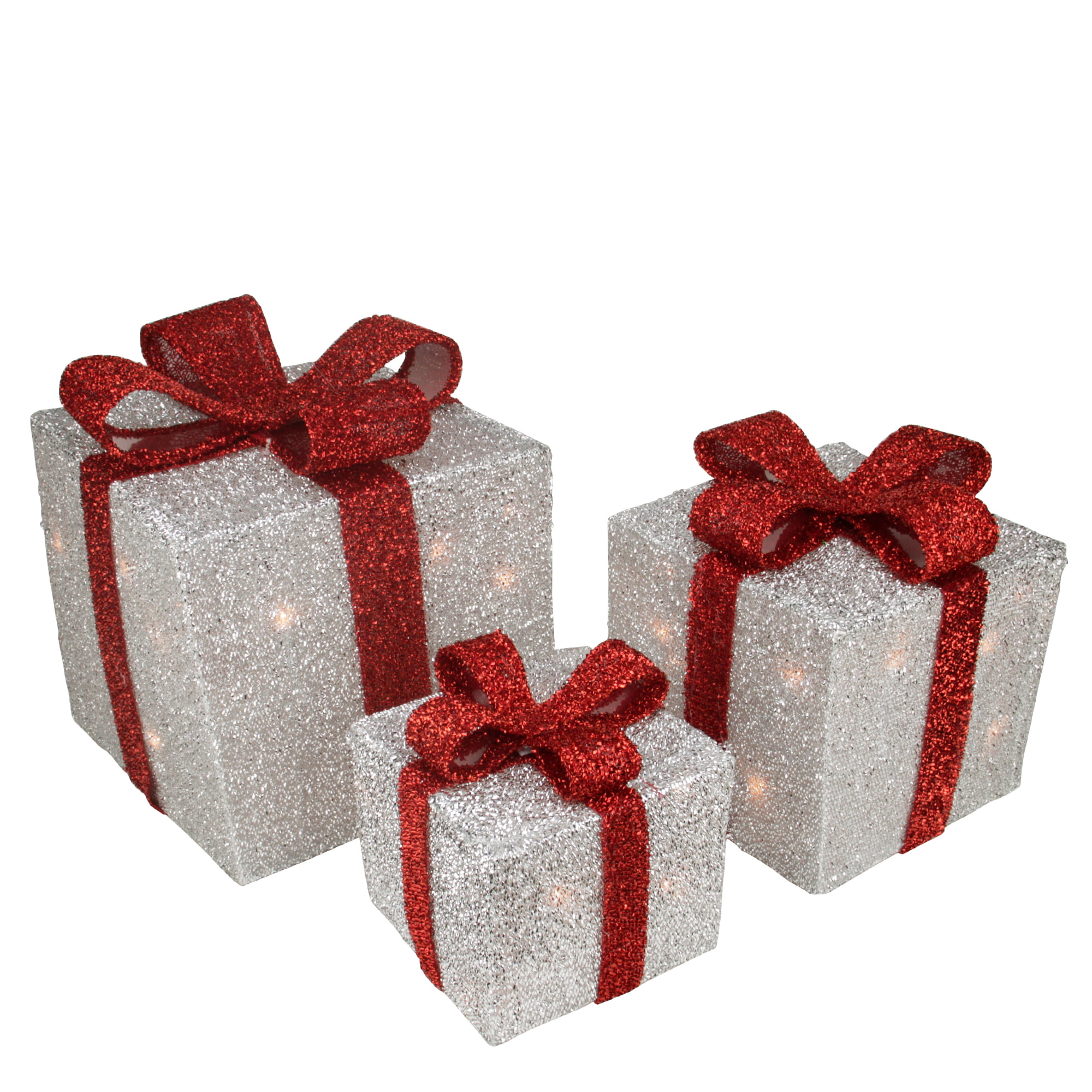 Set of 3 Silver Tinsel Lighted Gift Boxes with Red Bows Outdoor