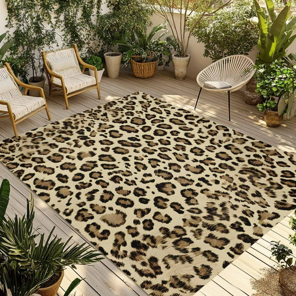 Fsddascl Yellow Brown Leopard Outdoor Rug for Patio/Deck/Porch, Non-Slip Large Area Rug 4 x 6 Ft, Modern Art Indoor Outdoor Rugs Washable Area Rugs, Reversible Camping Rug Carpet Runner