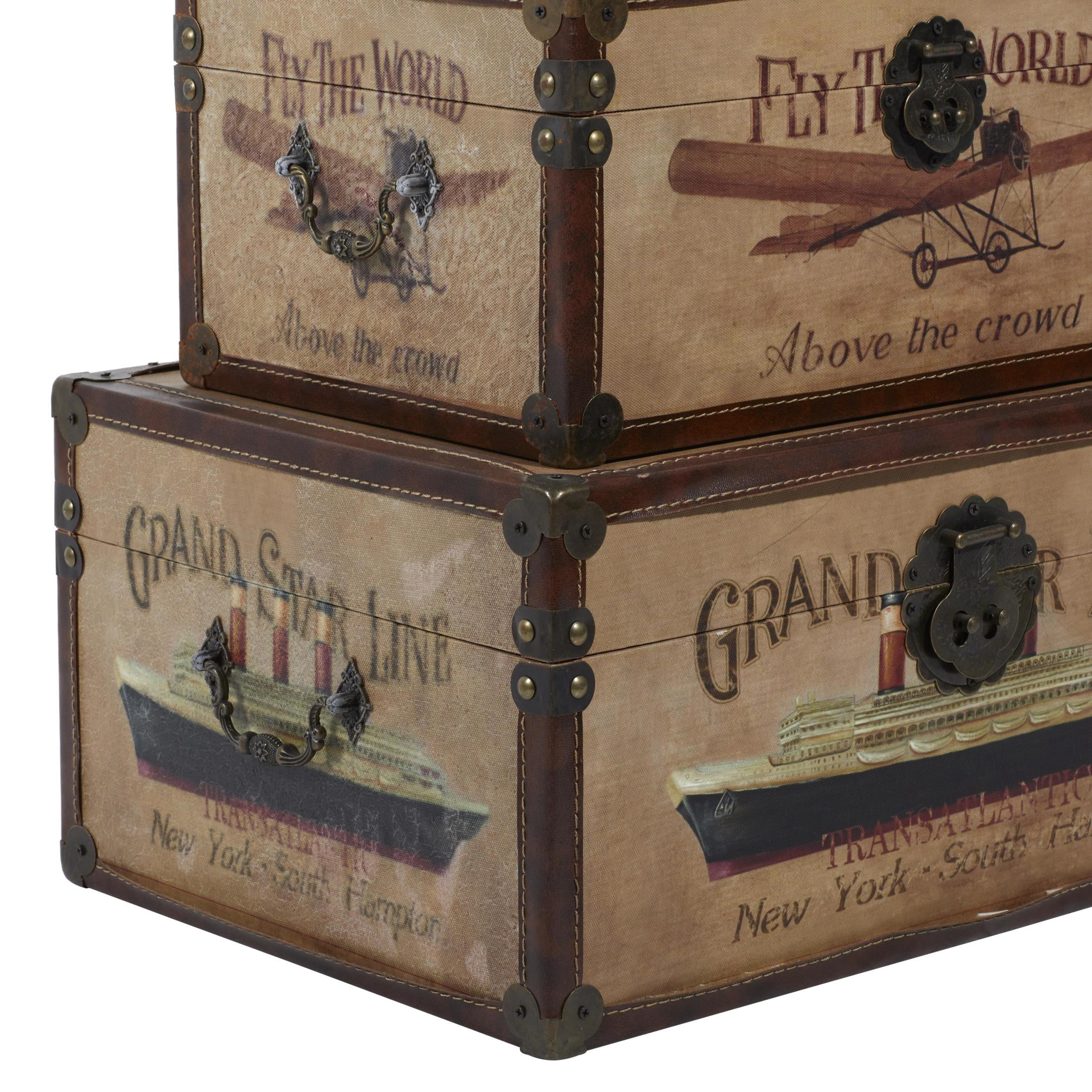 DecMode 12" x 5" Brown Faux Leather Vintage Train, Plane, Boat Transportation Trunk with Gold Hardware, 3-Pieces