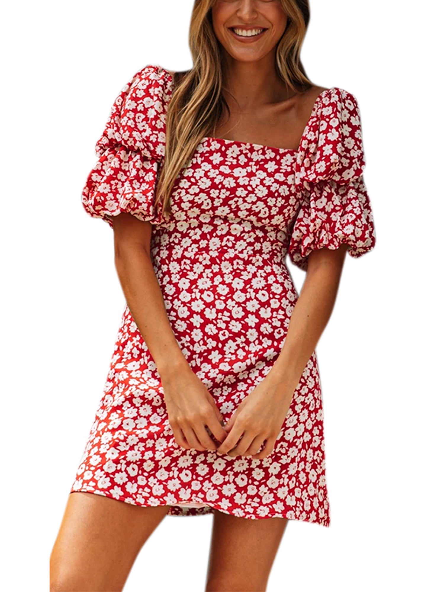 Upairc Womens Floral Short Puff Sleeve Summer Beach Sundress Party Slim Fit Mini Dress