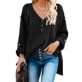 thumbnail image 1 of Asyoly Womens Button V Neck Henley Sweaters Long Sleeve Side Split Cable Knit Oversized Pullover Casual Loose Jumper Tops, 1 of 7