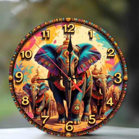 Indian Elephant Wall Clock Decor Home Art 10-Inch Silent Wooden Wall Clock, Battery Operated (AA Batteries Not Included), Artistic Home Decor