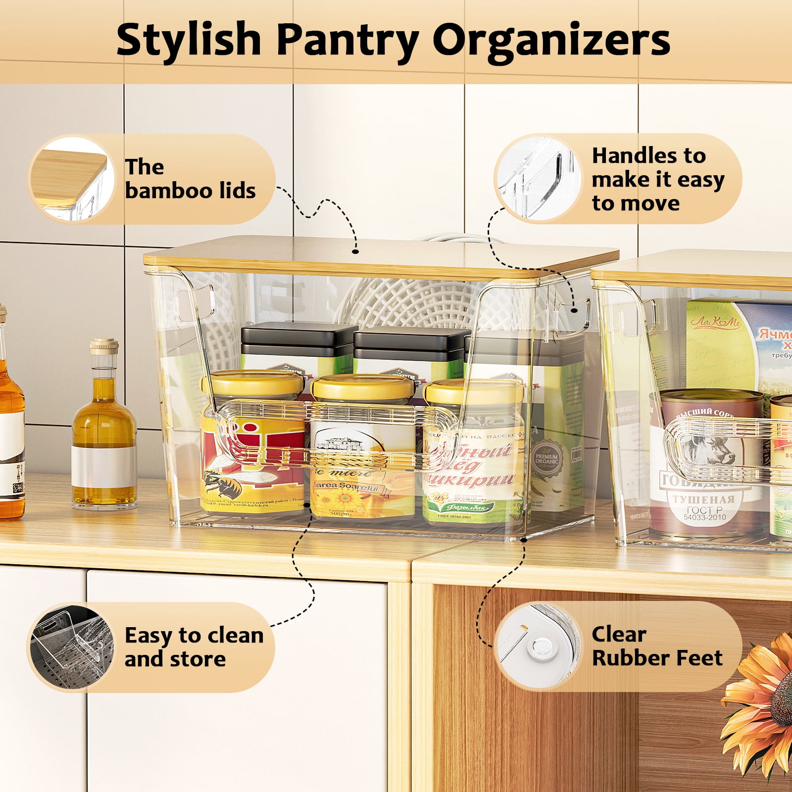 Potato Storage Bin, ORDORA Onion Holder Stackable Kitchen Pantry Organizer with Bamboo Lid 4 Pack, Clear
