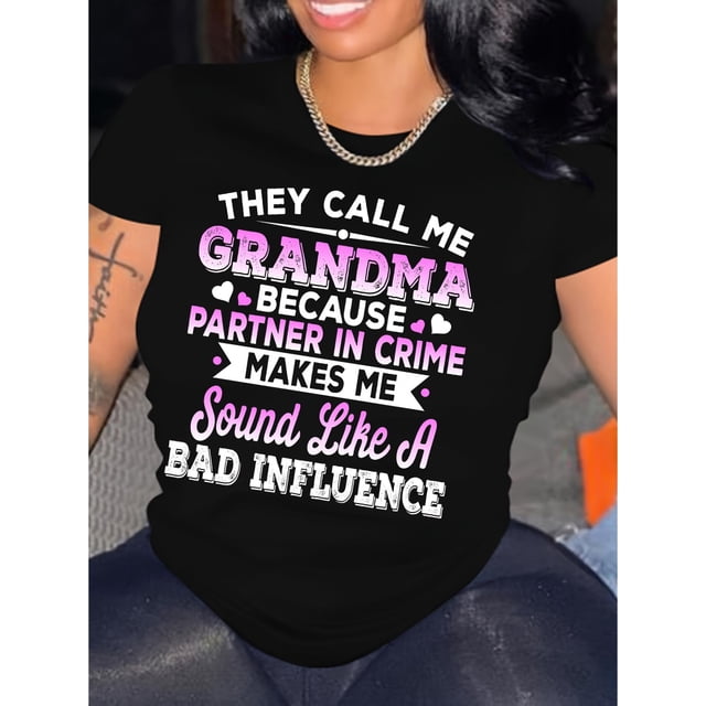 Grandma Print Crew Neck T-Shirt, Casual Short Sleeve Top For Spring & Summer, Women's Clothing Tee For Adult, Men, Women, Teen, Teenager, Adolescent, Youth