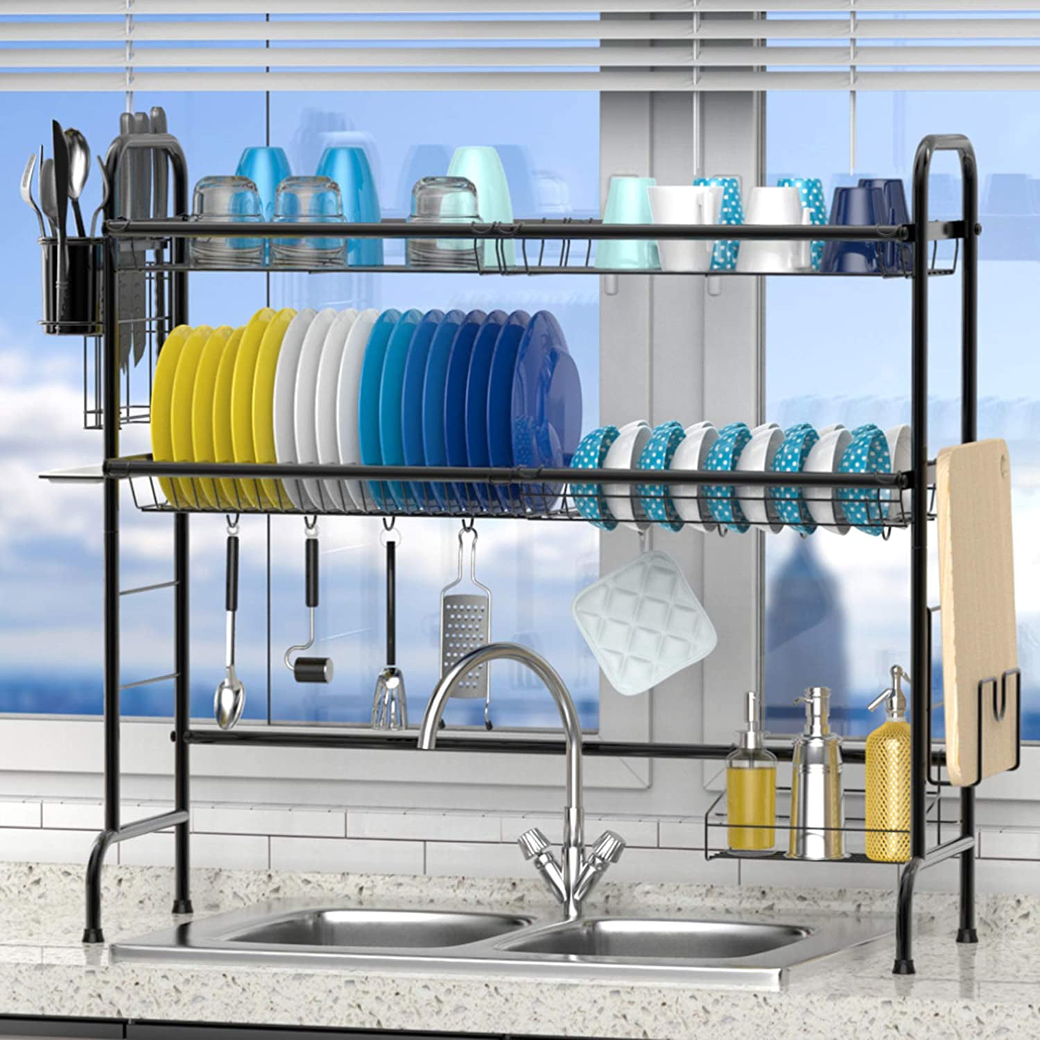 iSPECLE 2-Tier Large 201 Stainless Steel Dish Rack with Utensil Holder Hooks Stable Bend Foot for Kitchen Counter Non-Slip Over the Sink Dish Drying Rack