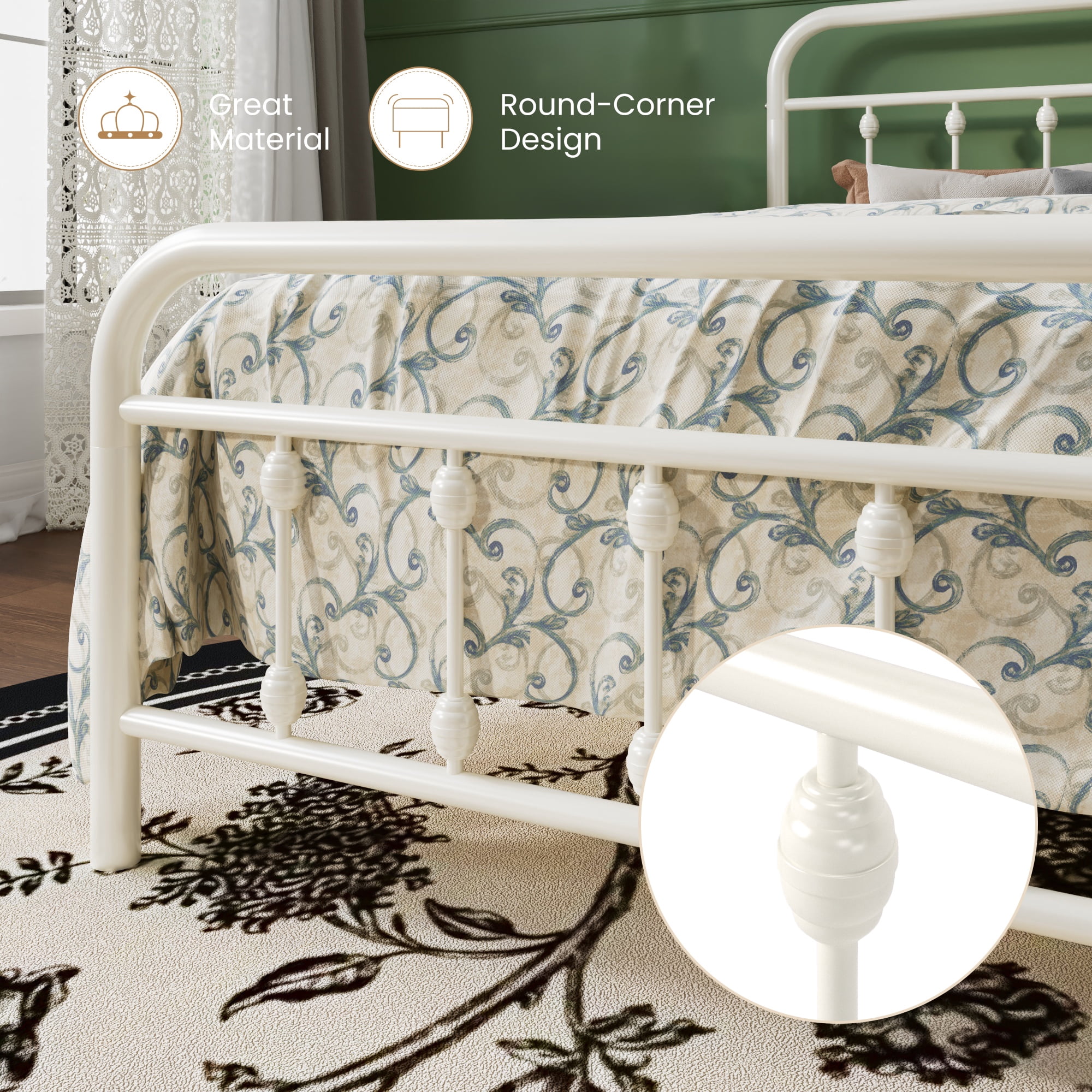 SHA CERLIN Queen Size Metal Platform Bed Frame with Victorian Style Iron-Art Headboard and Footboard, Easy Assembly, Under Bed Storage, No Box Spring Required, Off White