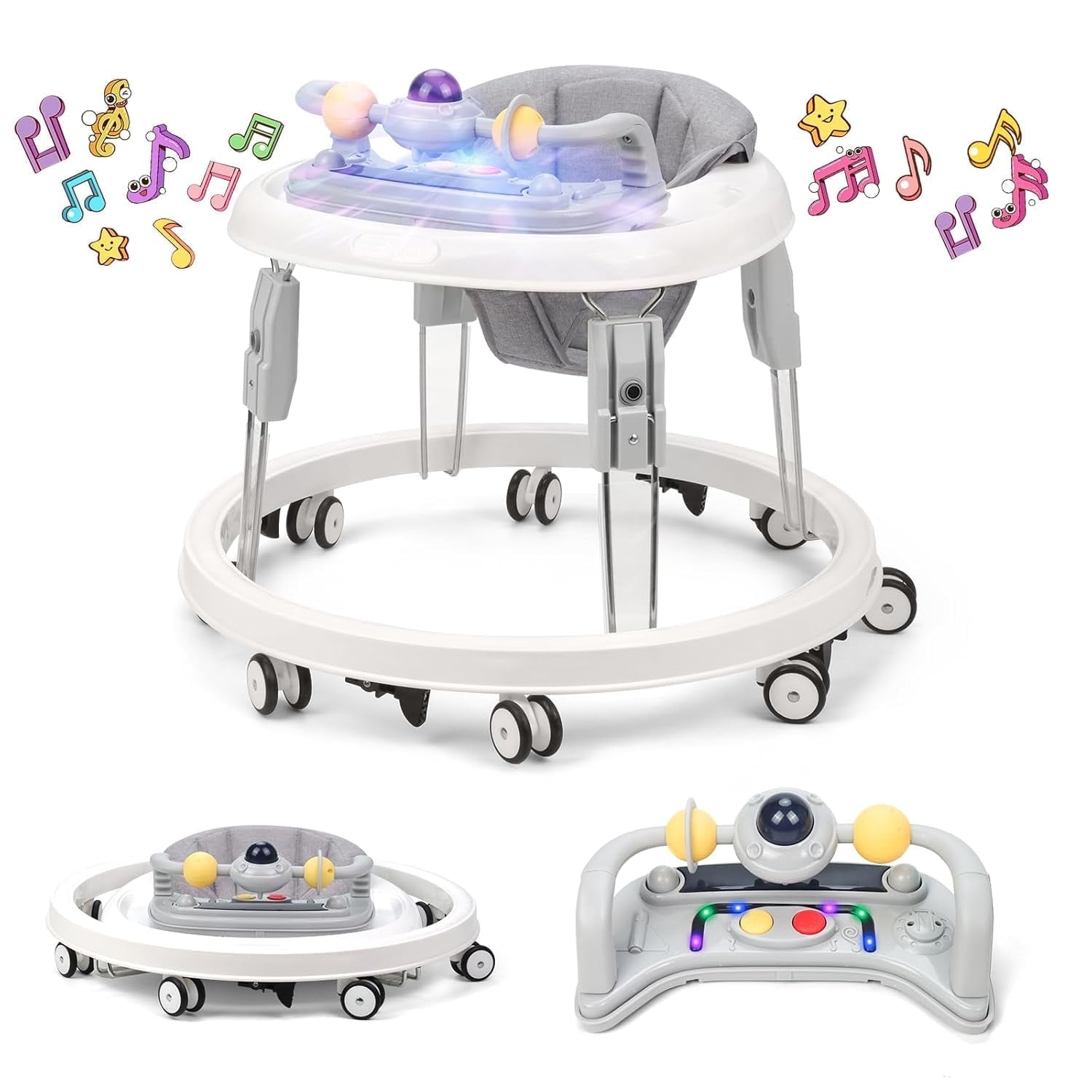 Baby Walker with Music and Lights ,Foldable Baby Activity Center with Wheels for Infant Boys Girls 6-18 Months,Grey