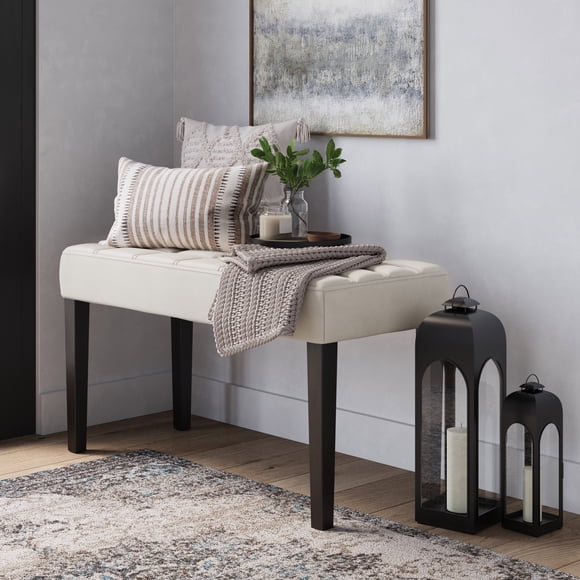 CorLiving California Faux Leather Square Tufted Bench with Wood Legs, White