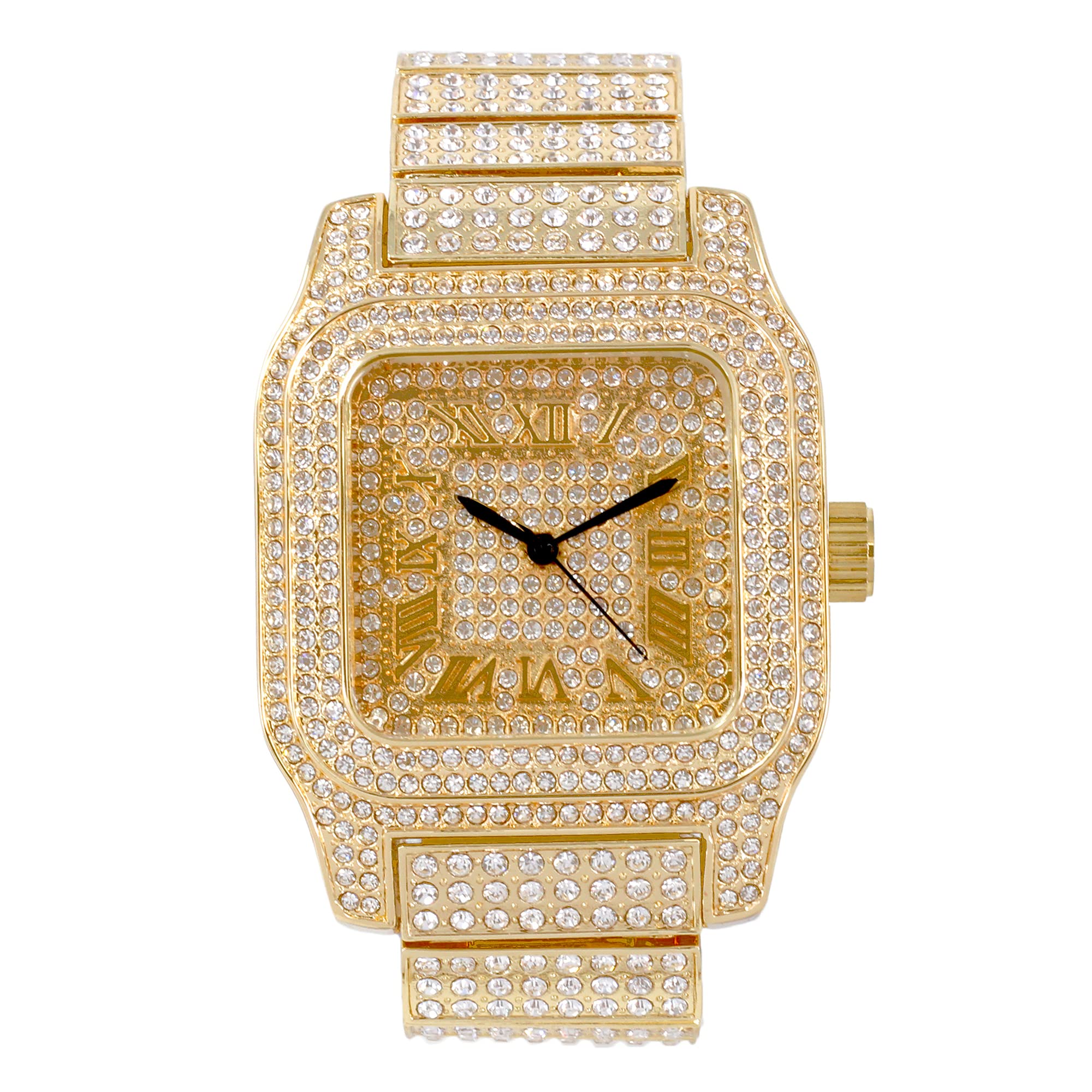 Mens Hip Hop Iced Out Square Dial Watch with Simulated Crystals - Diamond Studded Adjustable Metal Band - Quartz