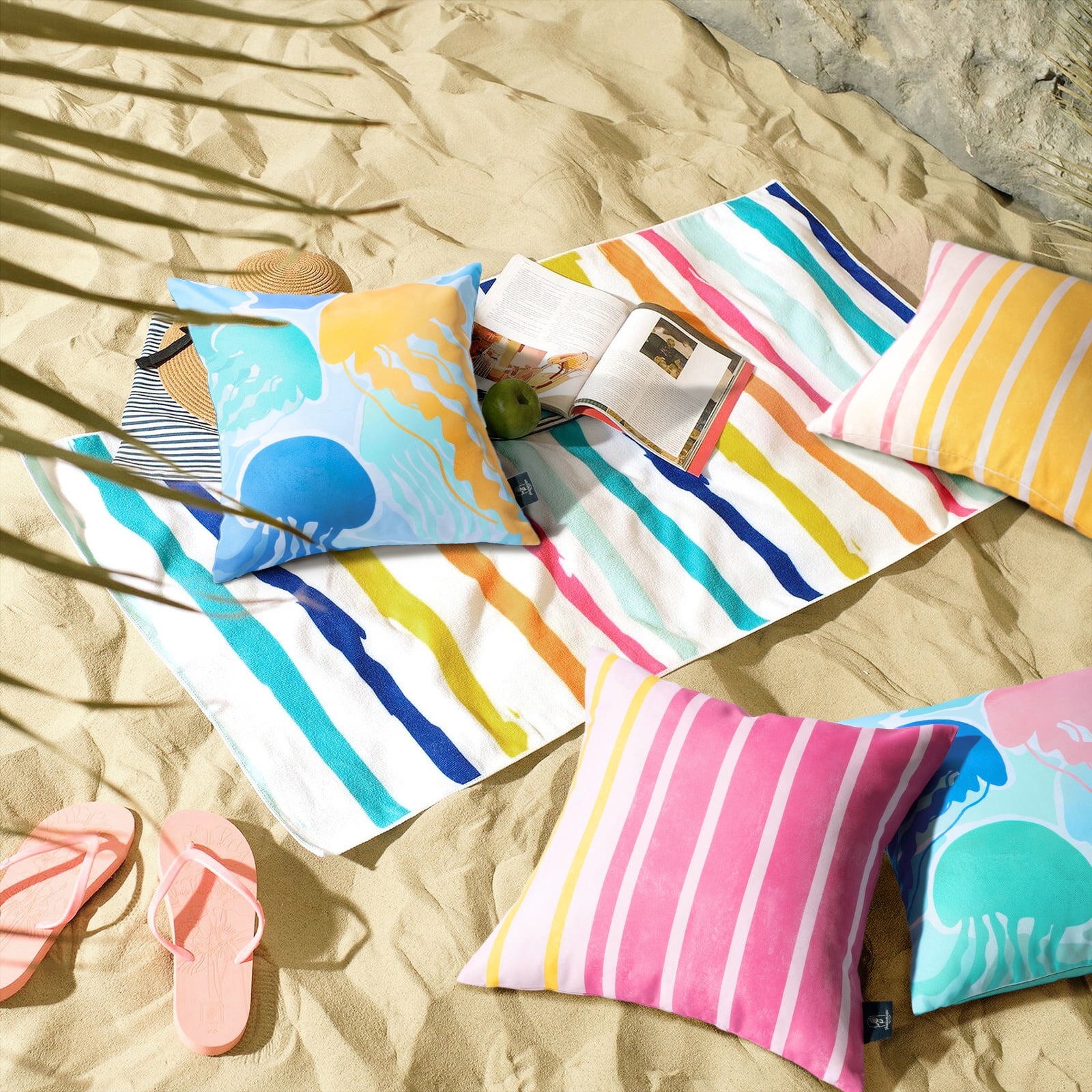 Outdoor Jellyfish Waterproof Pillows, Modern Square Pillows for Patio Couch Bench Decoration, Yellow, 18"x 18", Set of 2