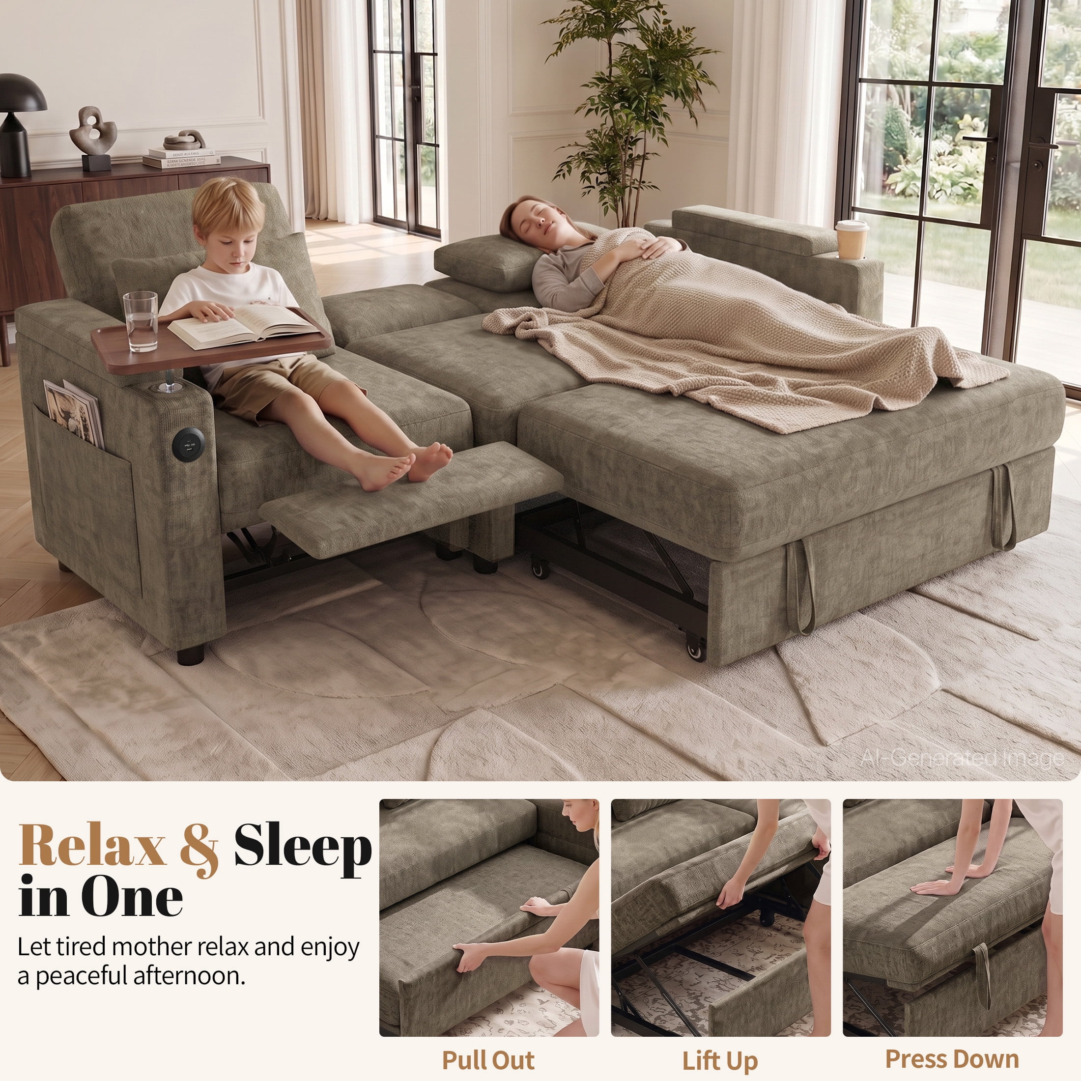 Aenkyo 81" 3-in-1 Convertible Sleeper Sofa with Pull Out Bed and Recliner, Adjustable Backrest, Khaki