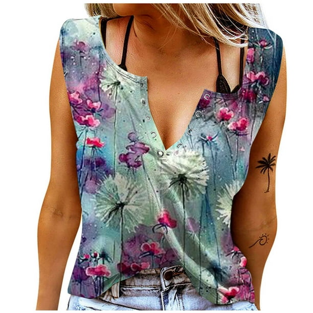 jovati Women Casual Tanks Sleeveless Buttons Slimming Solid Pullover Vest  Blouse Tops,Summer Plus Size Loose Fitting Tops For Women Clearance Sale 
