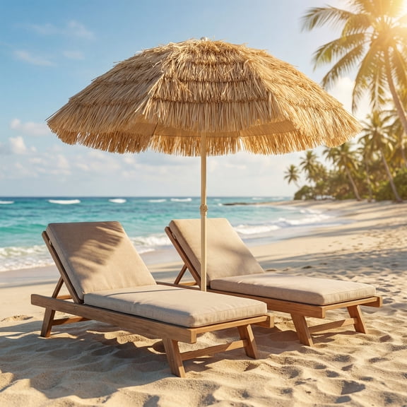Outsunny 6FT Tiki Umbrella, Outdoor Hawaiian Style Patio Umbrella with 8 Ribs, Carry Bag, Outdoor Tiki Bar, Tropical Palapa for Pool, Beach, Khaki