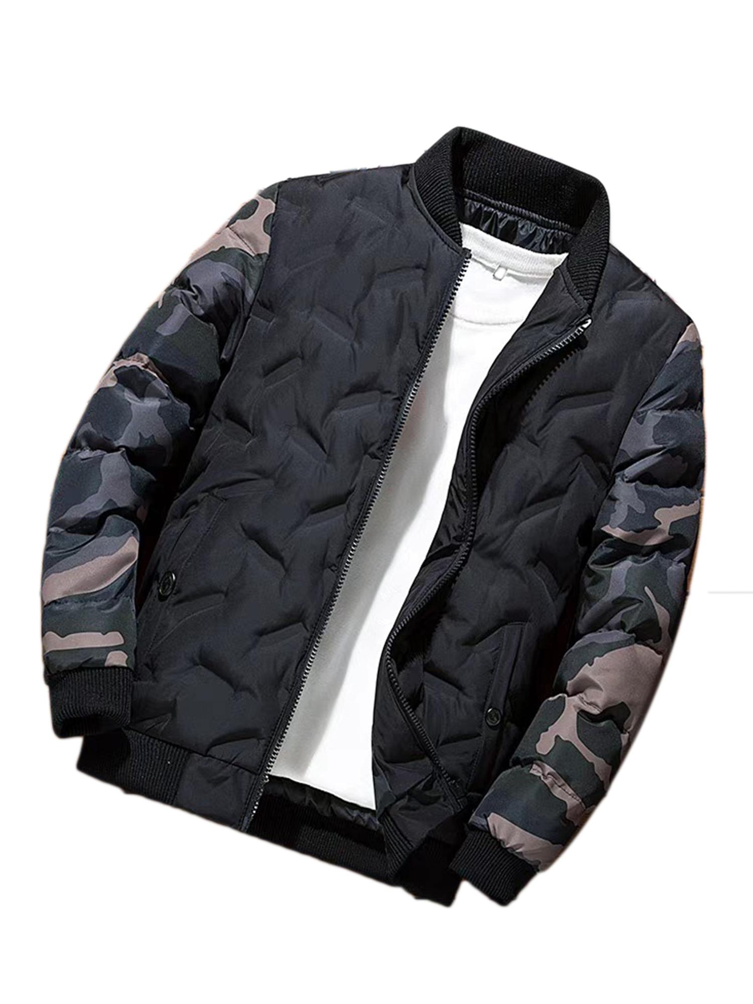 UKAP Mens Plus Size Insulated Letterman Jacket Thickened Varsity Jacket with Camo Sleeves Stand Collar for Winter Outerwear - image 1 of 6