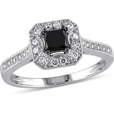 3/5 Carat T.W. Princess and Round-Cut Black and White Diamond 10kt White Gold Engagement Ring