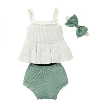

YWDJ 3-24 Months Girls 2 Piece Outfit Set Summer Kids Sleeveless Top Shorts Bow Headband Three-piece Set White 18-24 Months