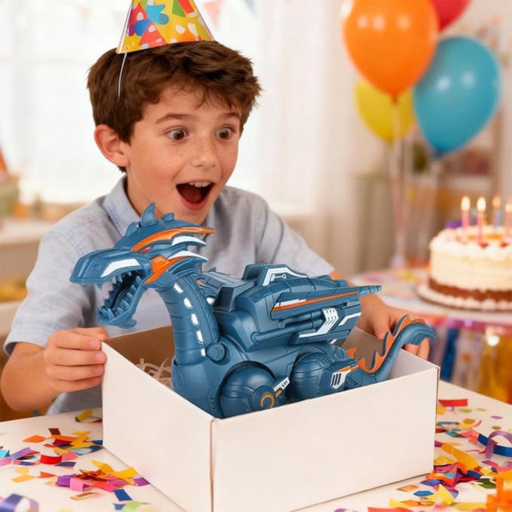 Blue Walking Dinosaur Robot with Mist Spray and LED Lights – Interactive STEM Toy for Kids Ages 3–12, Great Gift for Birthdays and Parties
