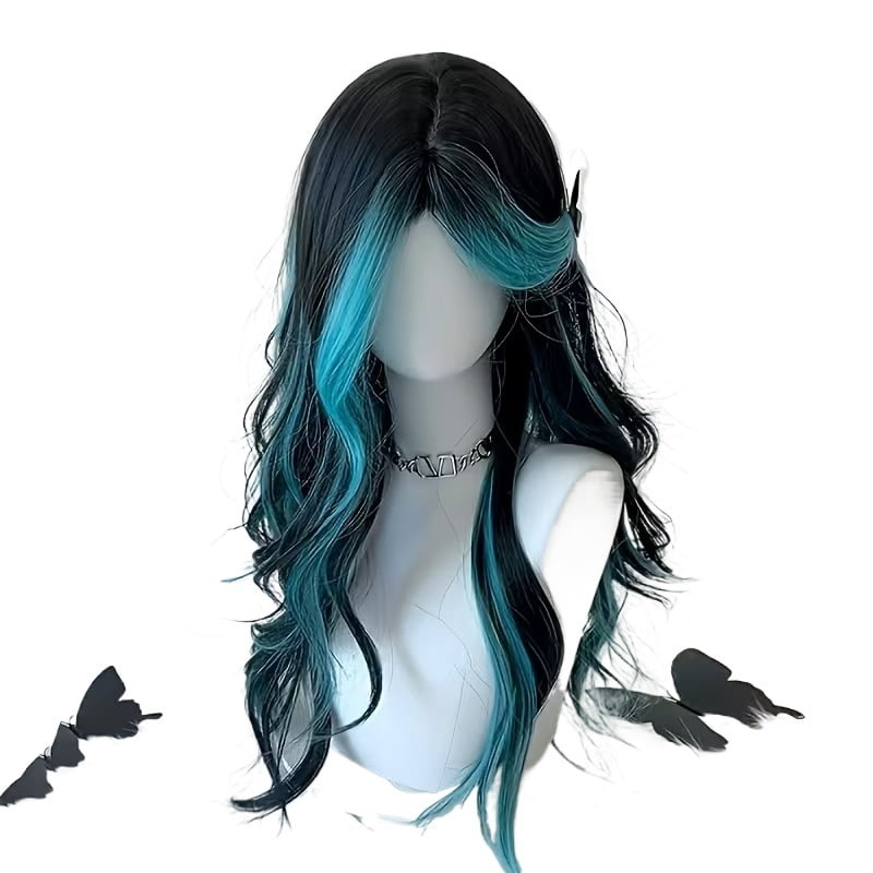 Black and blue highlighted middle-parted wavy long hair wig suitable for everyone, elegant party special