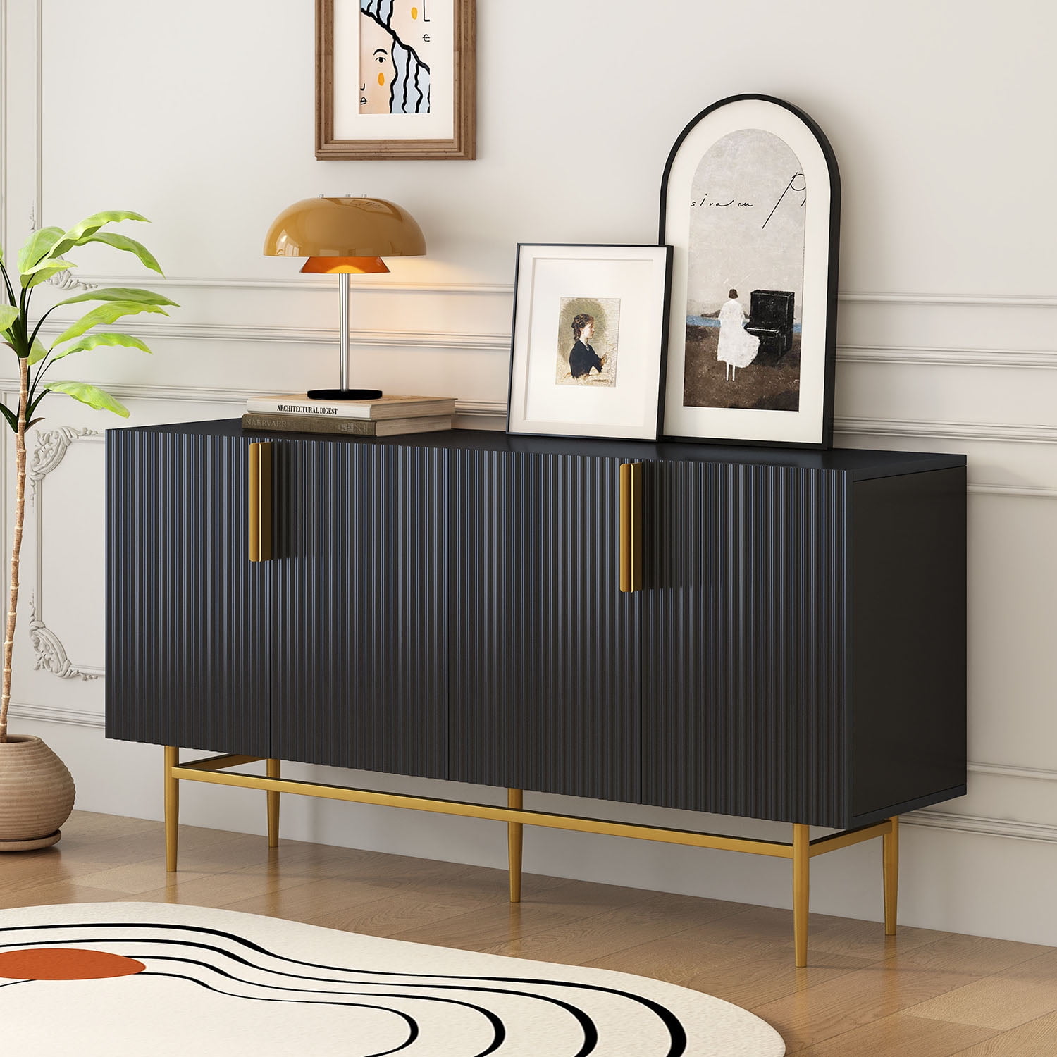 Kadyn 4-door Sideboard Buffet Cabinet, Accent Storage Cabinet with Gold Metal Handle, Kitchen Storage Cabinet for Hallway, Black