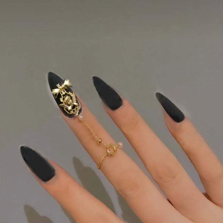 Matte Black And Gold Nails Stiletto