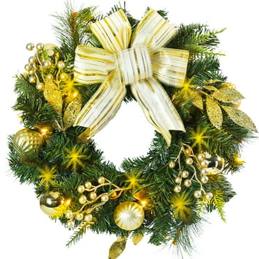 20 inch Christmas Wreaths-Christmas Wreath with Lights LED,Battery Operated LED light bow Wreath for Windows, wedding  festival party, patio, christmas decorations