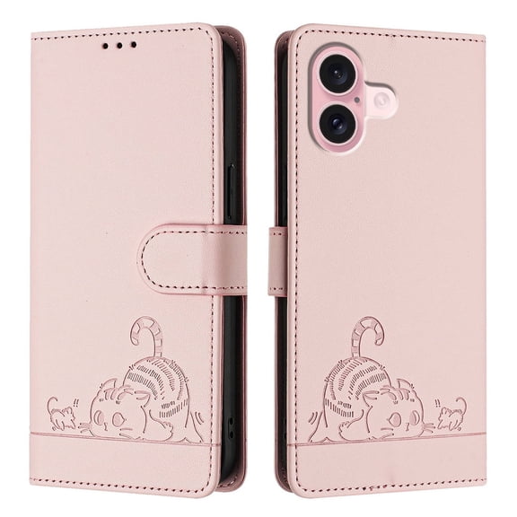 Phone Case for iPhone 16 Wallet Case Cat Pattern PU Leather Case with [RFID Blocking] Card Slots Kickstand Shockproof Magnetic Flip Cover, Pink