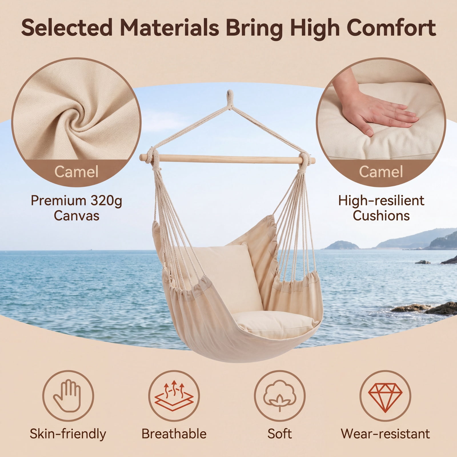Furnibear Hanging Rope Swing Chair with Soft Pillow Two Removable Cushions Tassel Trim and Side Pocket for Patio Porch and Bedroom, Beige