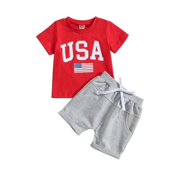 ASEIDFNSA Toddler Boys Red White Blue Outfit Set with Graphic Tee and Elastic Waist Bottoms (Red,12-18 Months)
