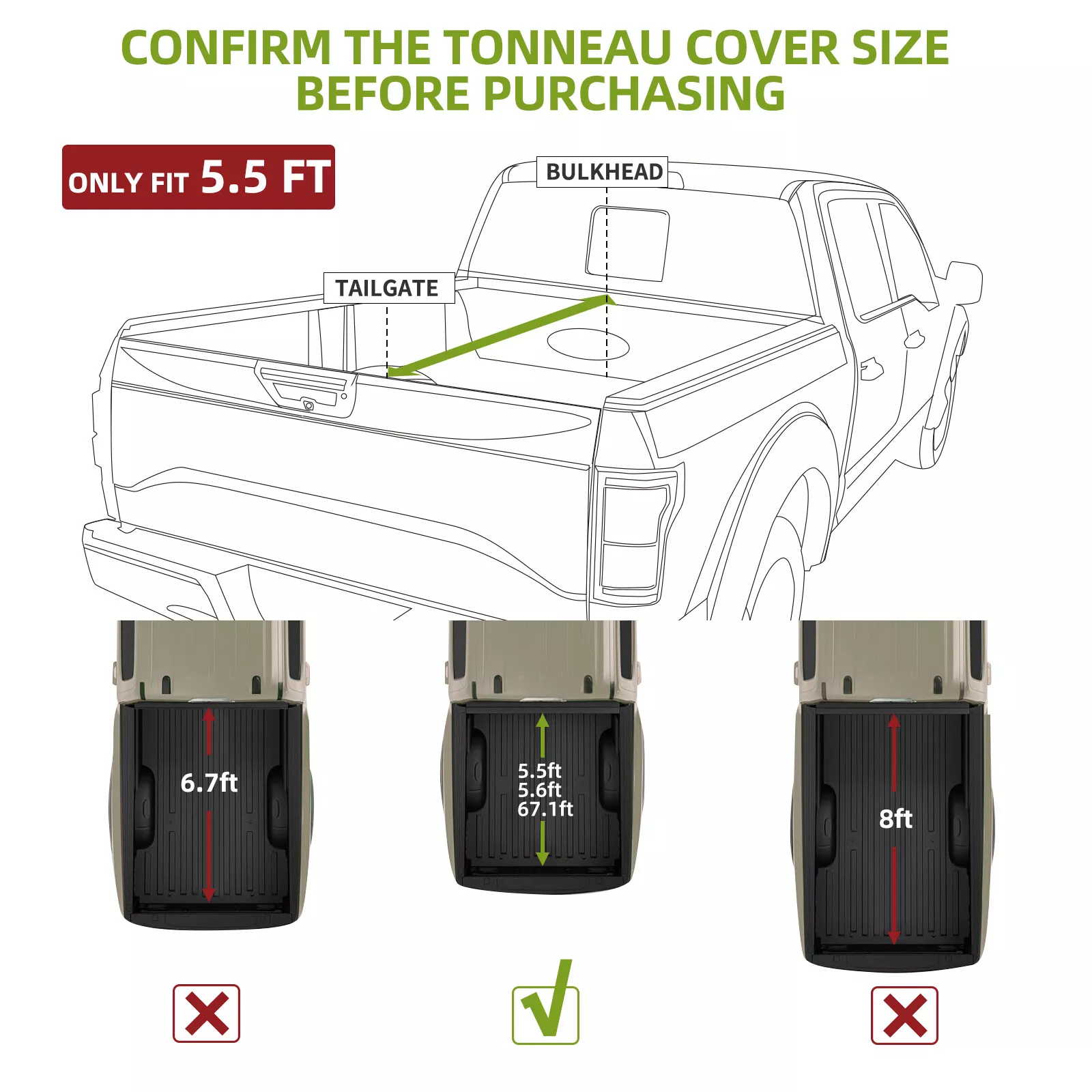 RVNI 5.5FT FRP Hard Tonneau Cover Tri-Fold For 2015-2024 Ford F150 F-150 Truck Bed