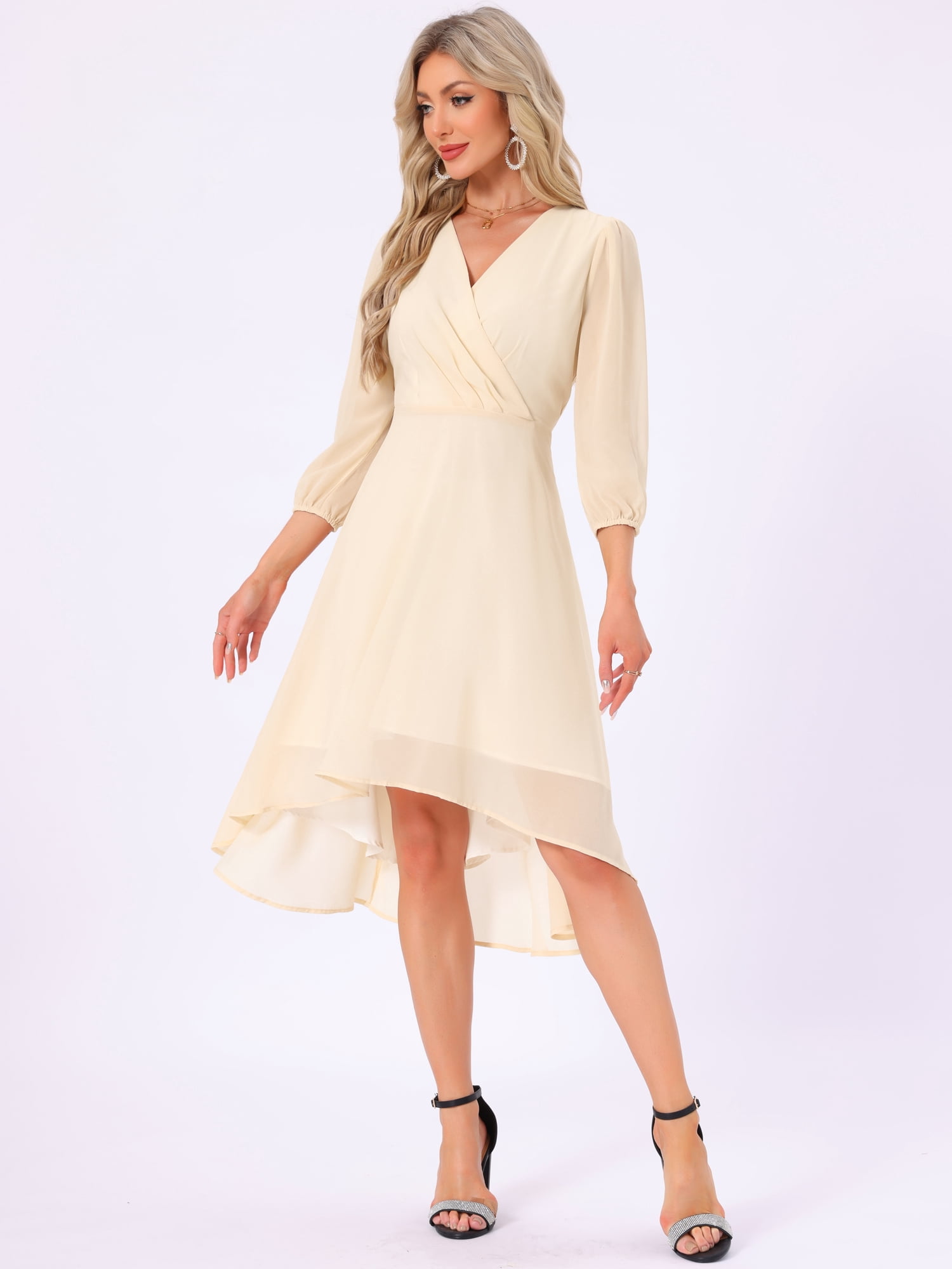 DARING DIVA Chiffon V-Neck Midi Cocktail Dress M Beige