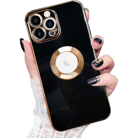 Compatible with iPhone 13 Pro Max Case for Women Girls, Luxury Gold Electroplate Plating Frame Edge Round Hollow Back Case with Full Camera Len Soft TPU Cover Girly Slim Sleek Cute Case Black