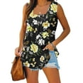 thumbnail image 2 of Wycnly Tank Tops for Women Trendy Pleated Swing Breathable Comfy Tunic Tank Tops Summer Flowers Print Square Neck Sleeveless Shirts Fashion Blouses Black XXL, 2 of 5
