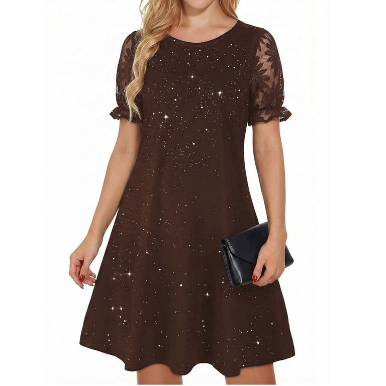 Hduncf Women's Glitter T-Shirt Dress Sparkly Lace Flared Short Sleeves Casual Mesh A-Line Dress For Party Cocktail Brown XL Hduncf Women's Glitter T-Shirt Dress Sparkly Lace Flared Short Sleeves Casual Mesh A-Line Dress For Party Cocktail Brown XL