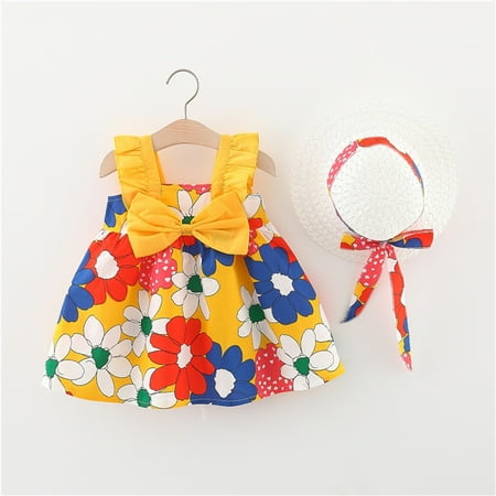 

Huilaibazo 0-3Y Girls Dress Toddler Girls Summer Princess Dresses Beach Sleeveless Hat Set Ruffles Bow Flower Dress